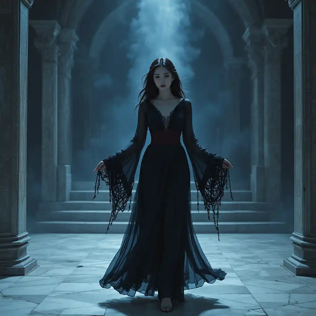 Korean occult woman in flowing black chiffon gown