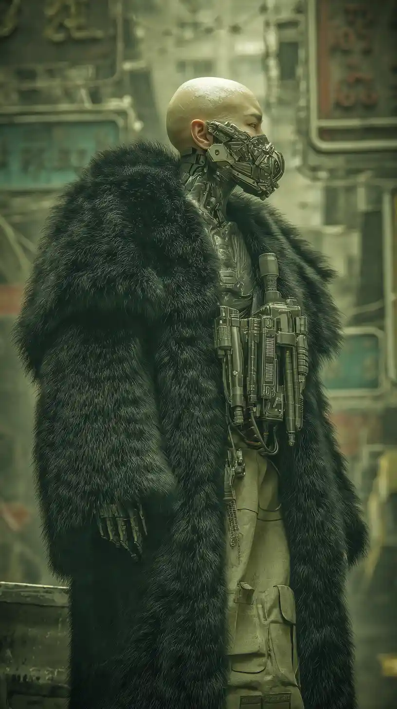 Elderly cybernetic woman warlord leading gang on city street
