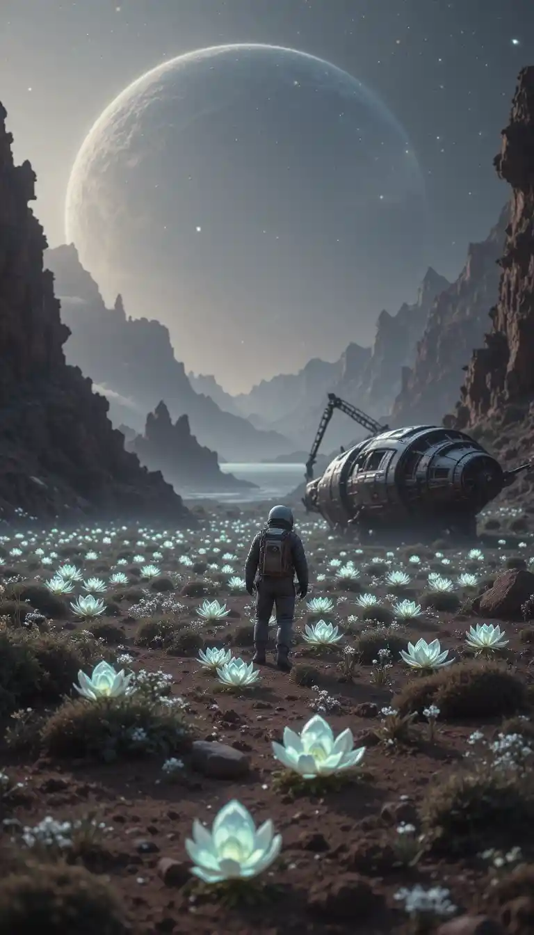Astronauta che cura un giardino luminoso su un mondo alieno