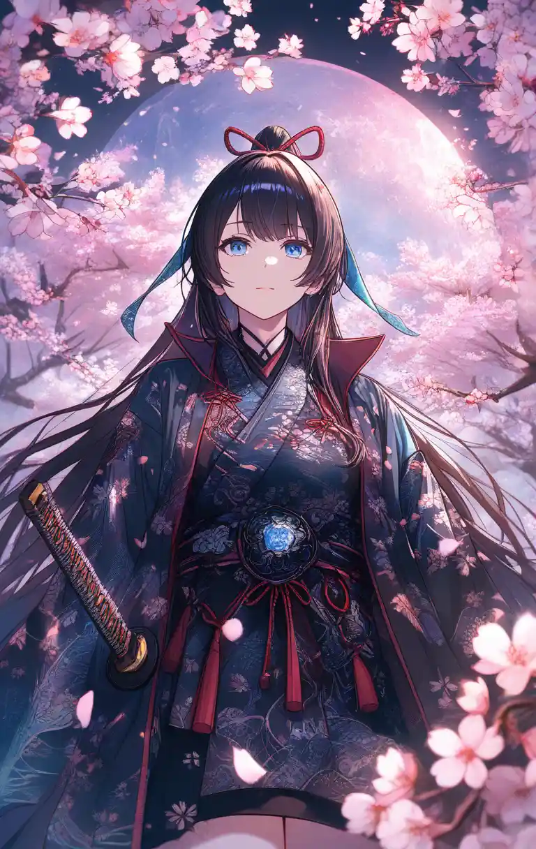 Chica guerrera de anime con katana bajo los cerezos en flor