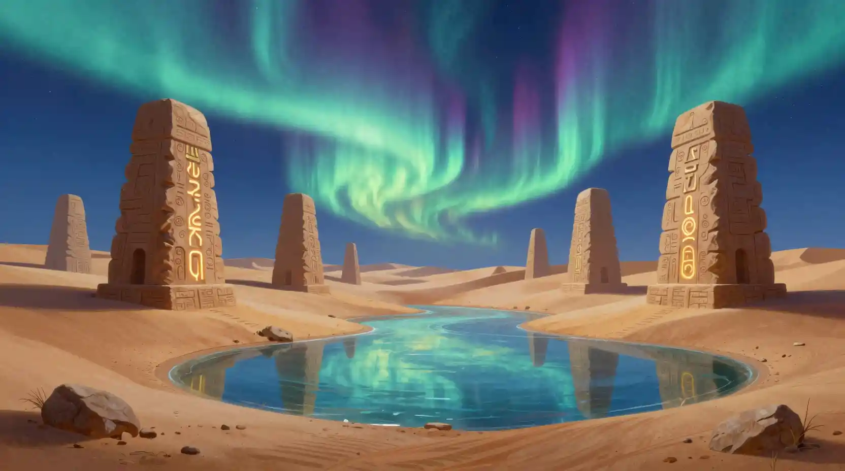 Surreal Desert Oasis With Monolithic Sculptures And Auroras