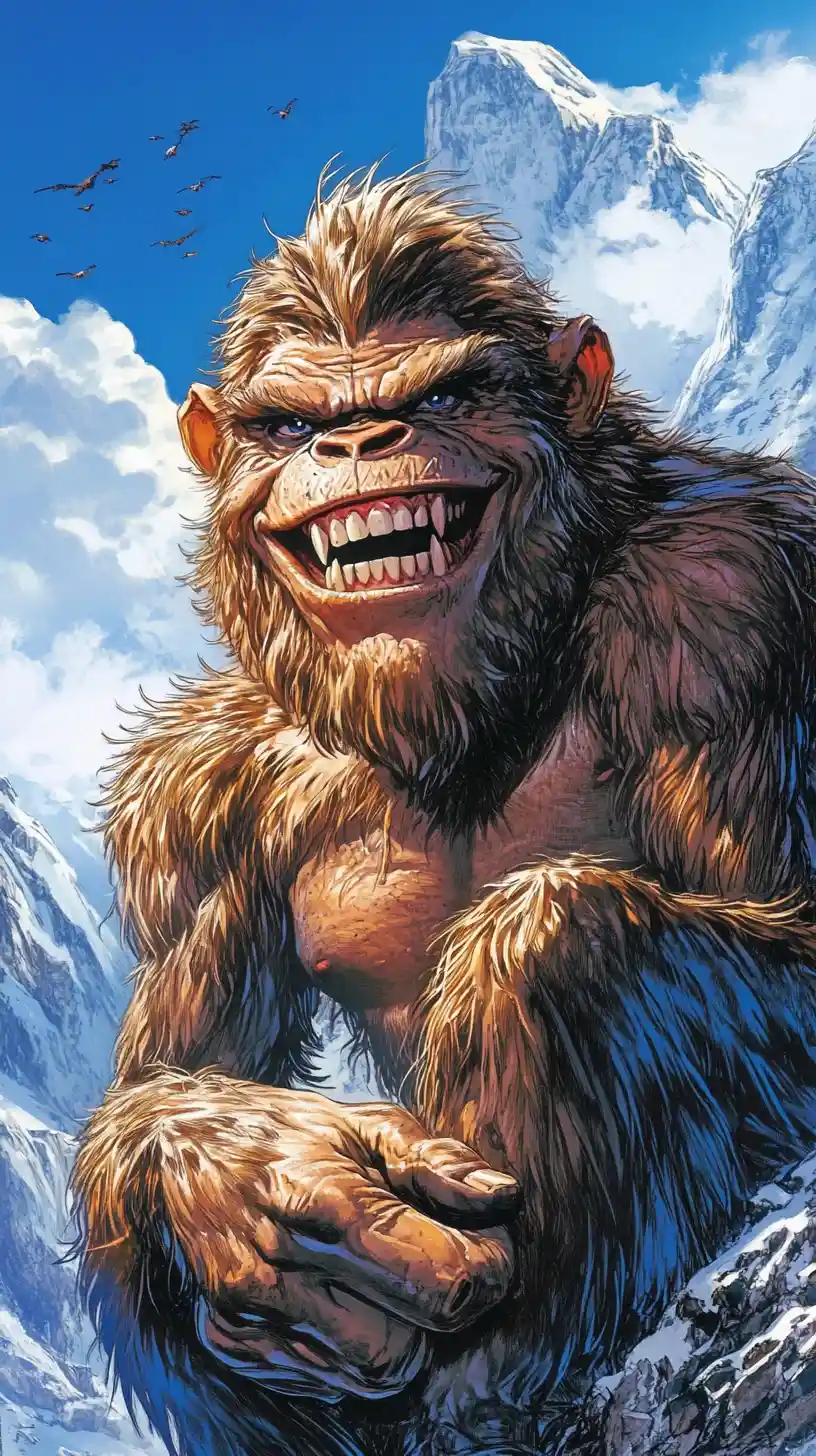 Anthropomorphic Ape Creature On Colorful Comic Mountain Cover