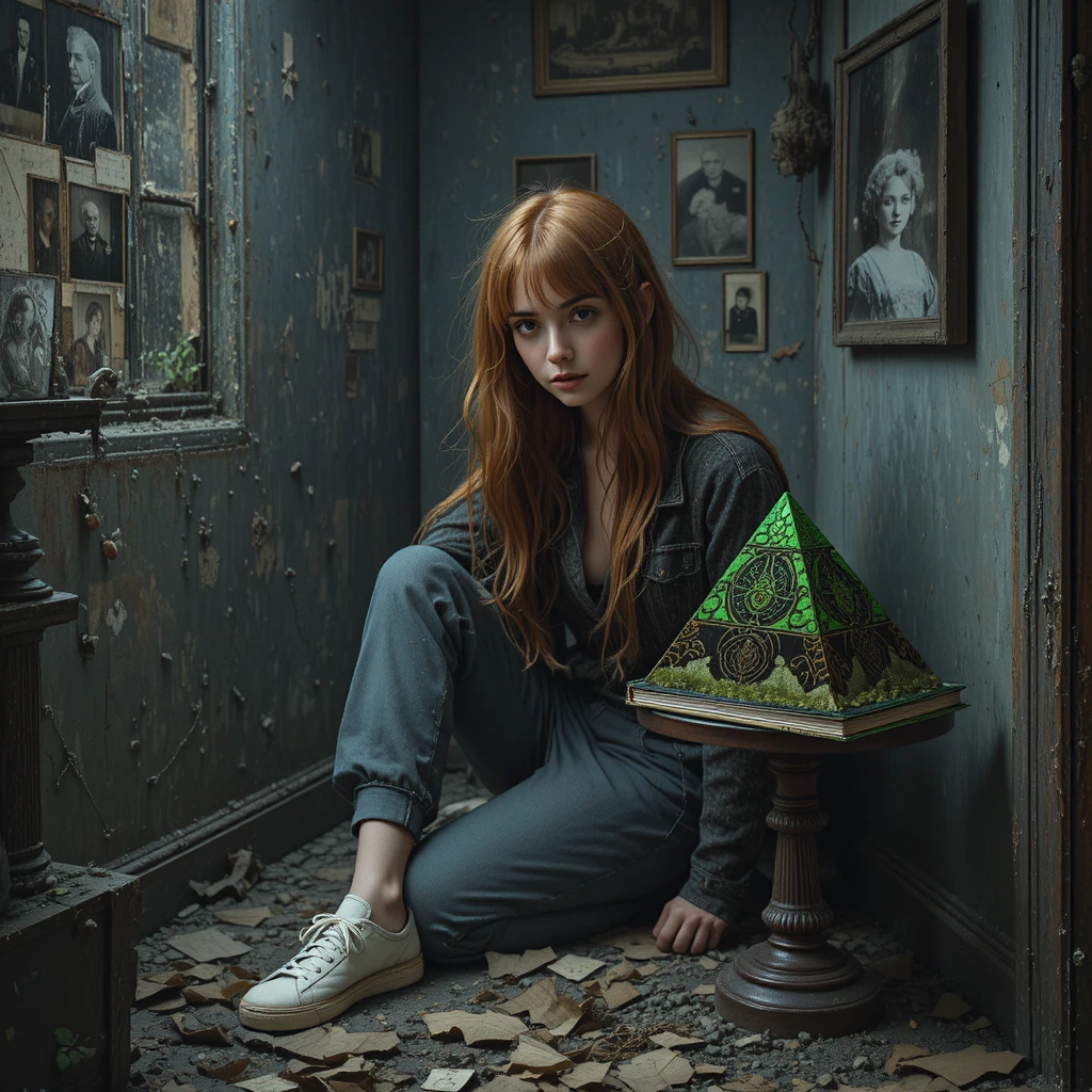 Jeune femme dans un grenier poussiéreux découvrant un vieil album photo