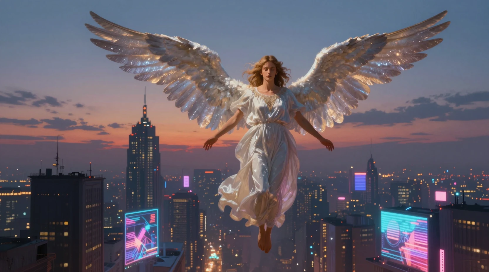 Anjo descendo sobre uma cidade futurista em neon ao anoitecer