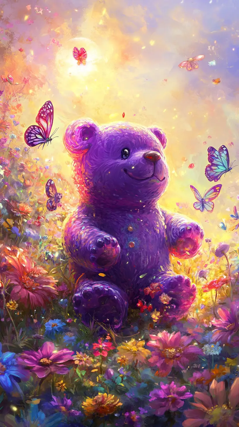 Lila Gummibärchen rennt durch leuchtende Fantasie-Blumenwiese