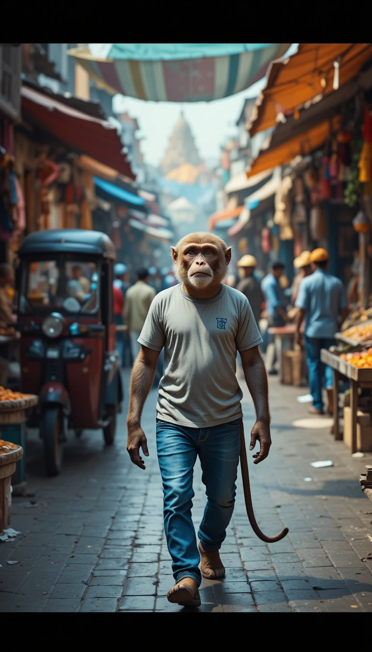 Macaco de jeans caminhando por um movimentado mercado de rua indiano