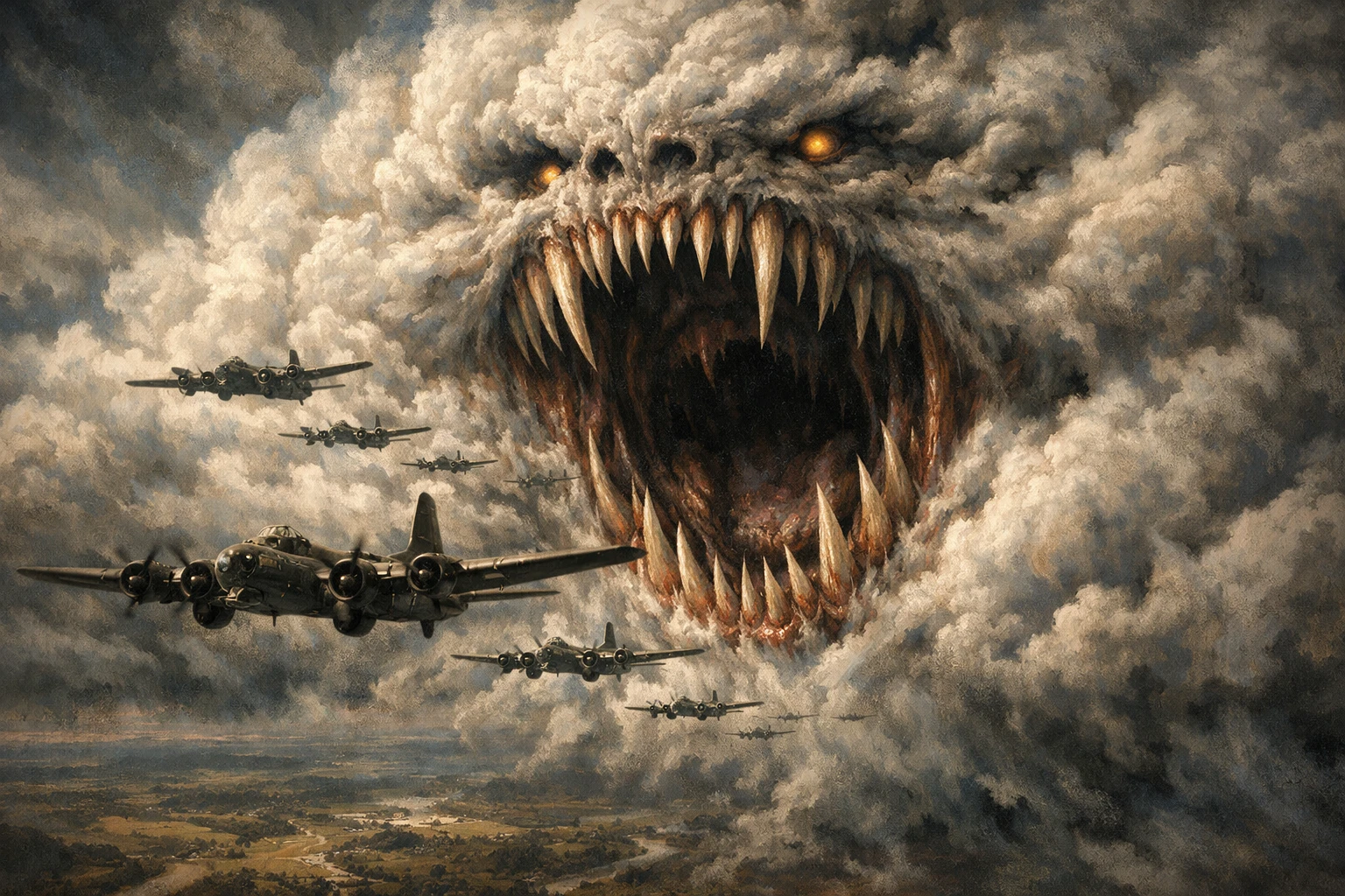 Bombardiers de la Seconde Guerre mondiale face à une gueule monstrueuse dans les nuages