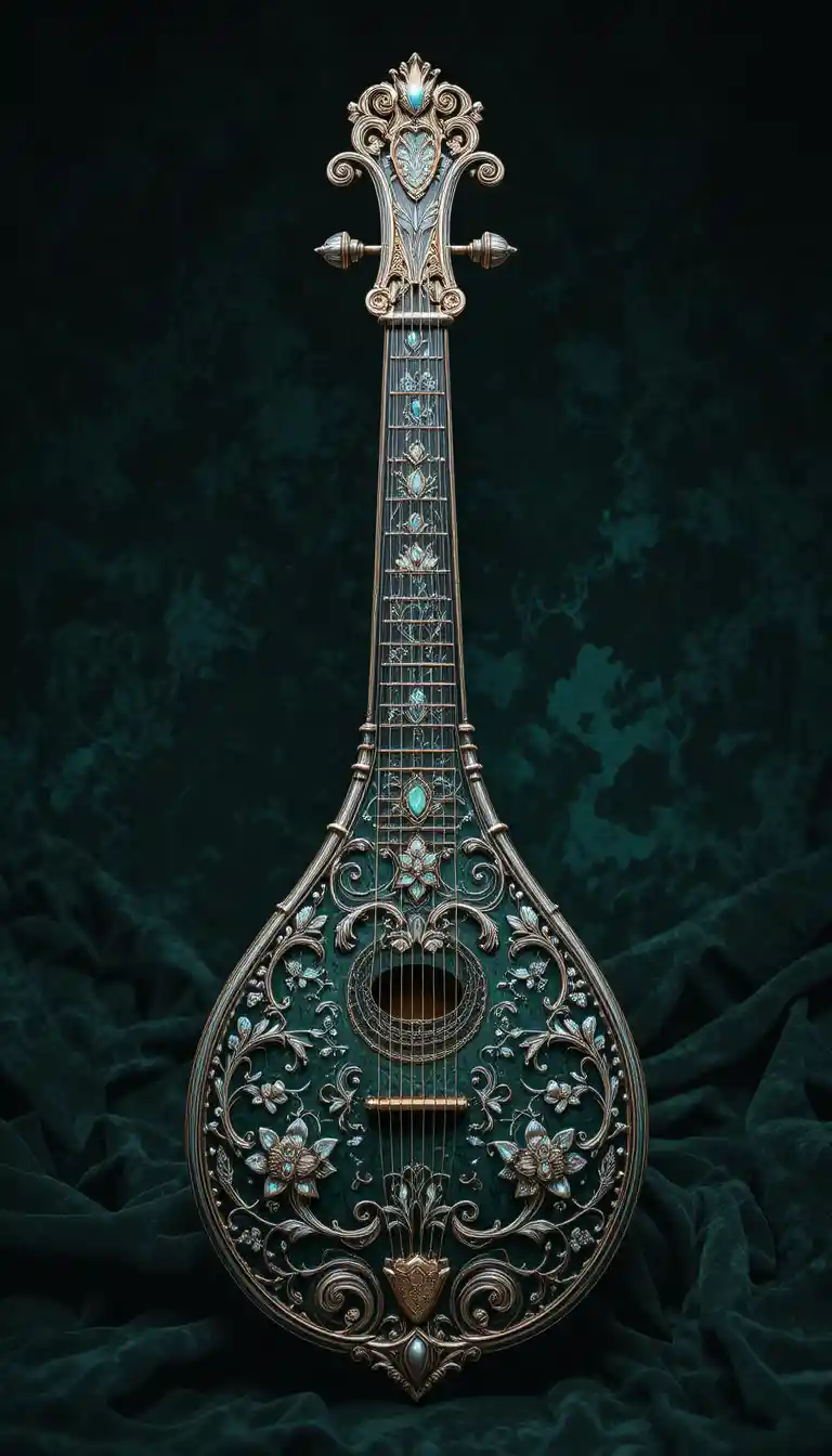 Ornate Silver Zither On Dark Green Velvet Background