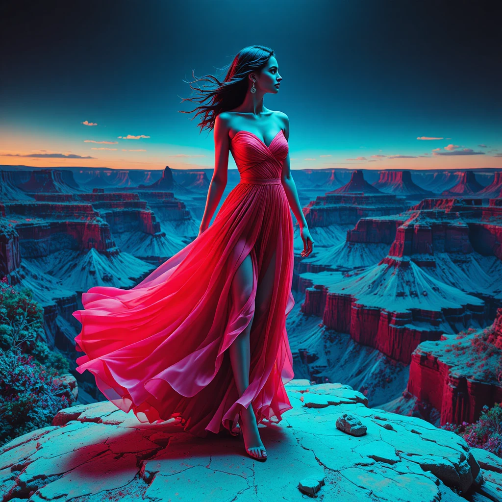 Woman in neon red evening dress at the canyon