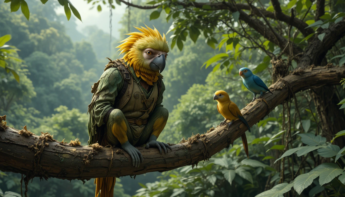 Loro pobre y mono sabio en una rama de árbol del bosque