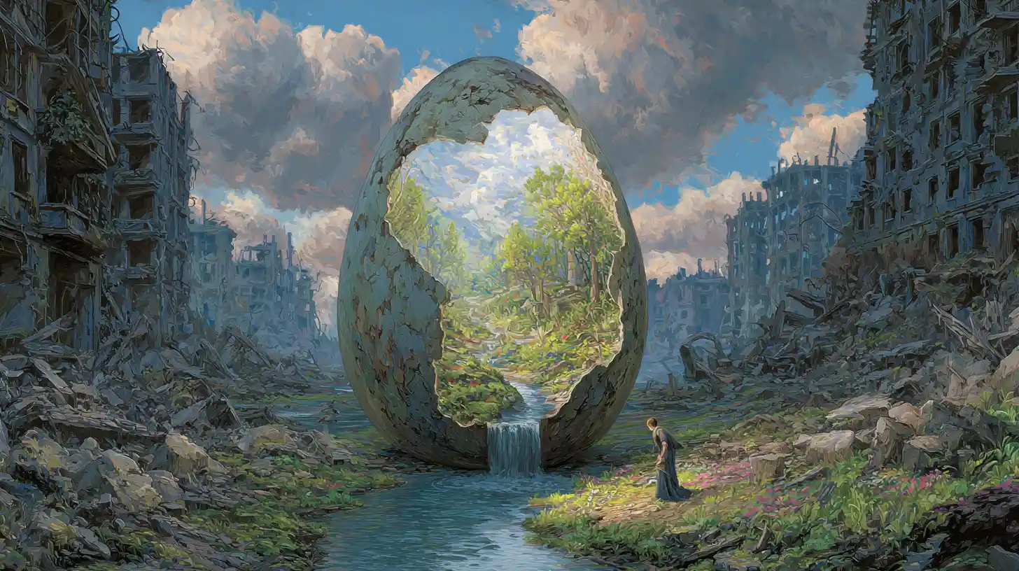 Cracked Egg World Revealing Lush Forest In Ruined City