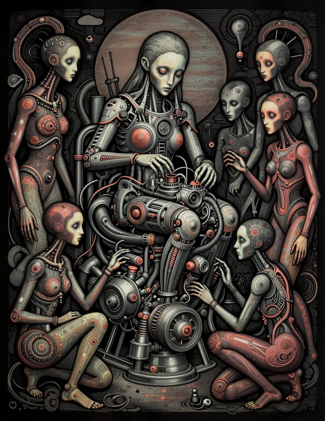 Motor ciborgue surreal observado por figuras humanoides alongadas