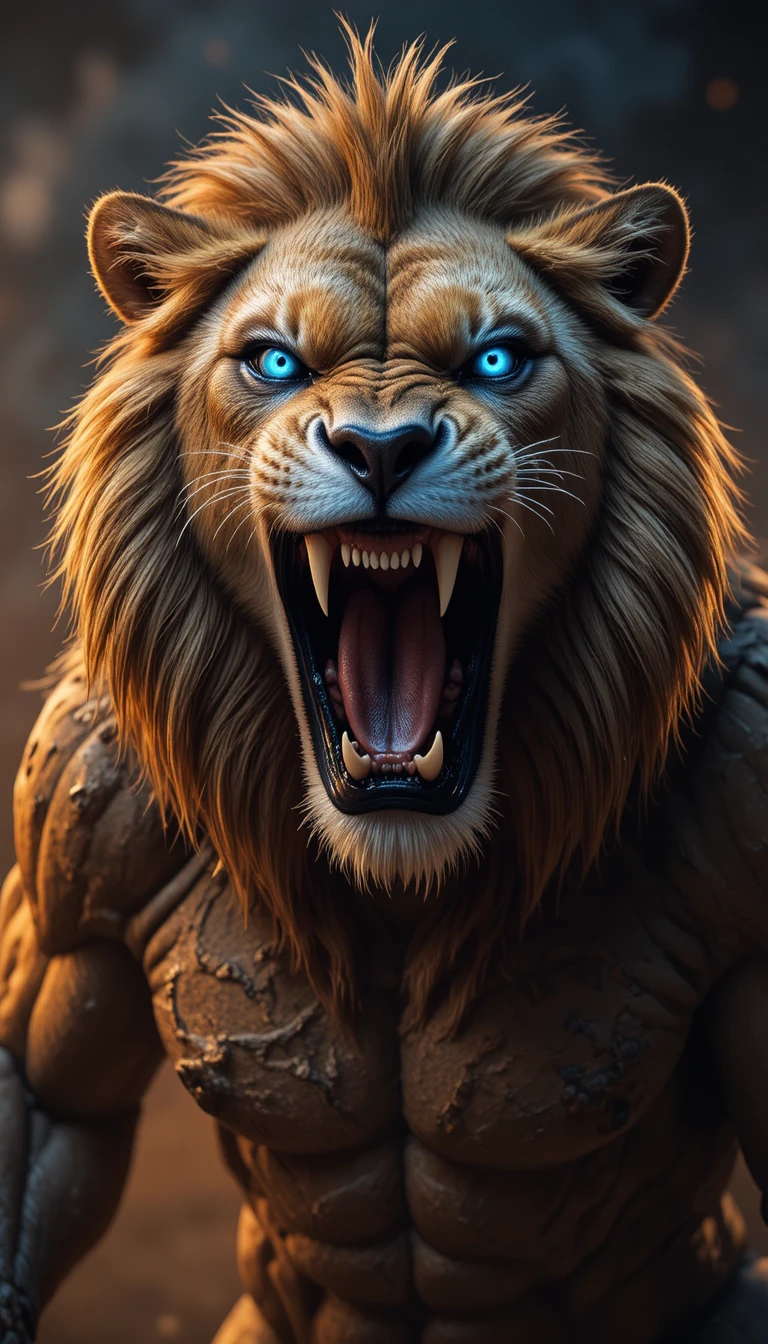 Leão CGI Rugindo com Olhos Azuis e Fundo Enfumaçado
