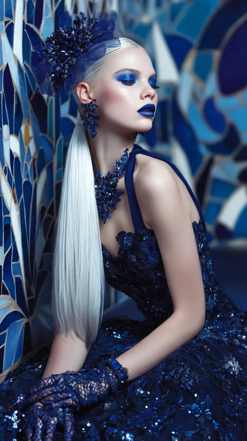 Fashion model in navy blue couture gown full body pose