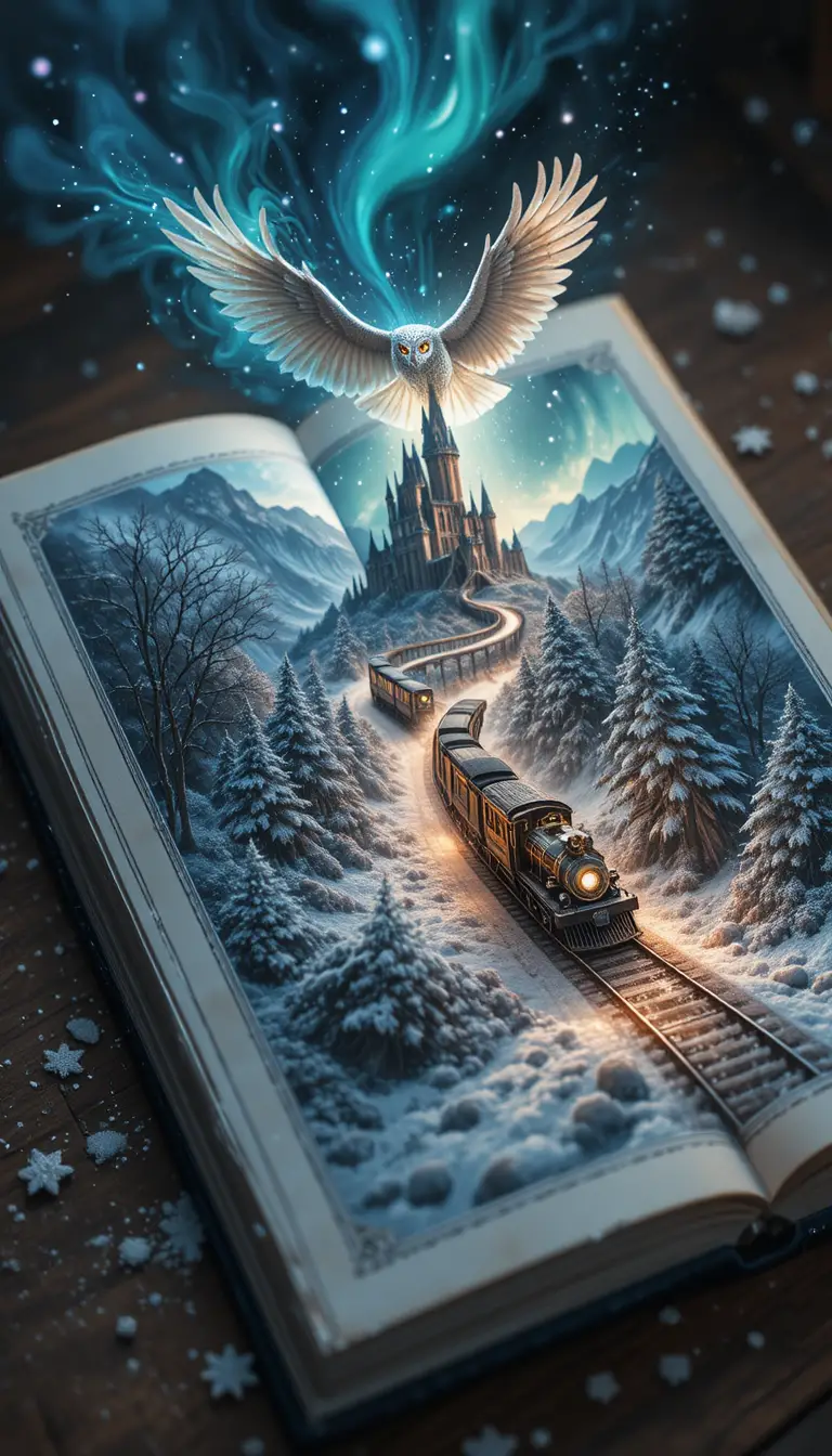 Libro fantasy in doppia esposizione con gufo e scena invernale