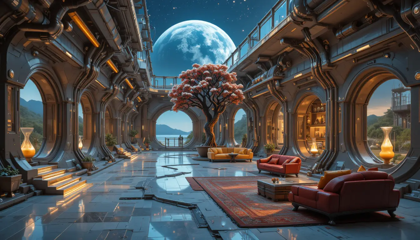 Salon luxueux dans un couloir industriel futuriste