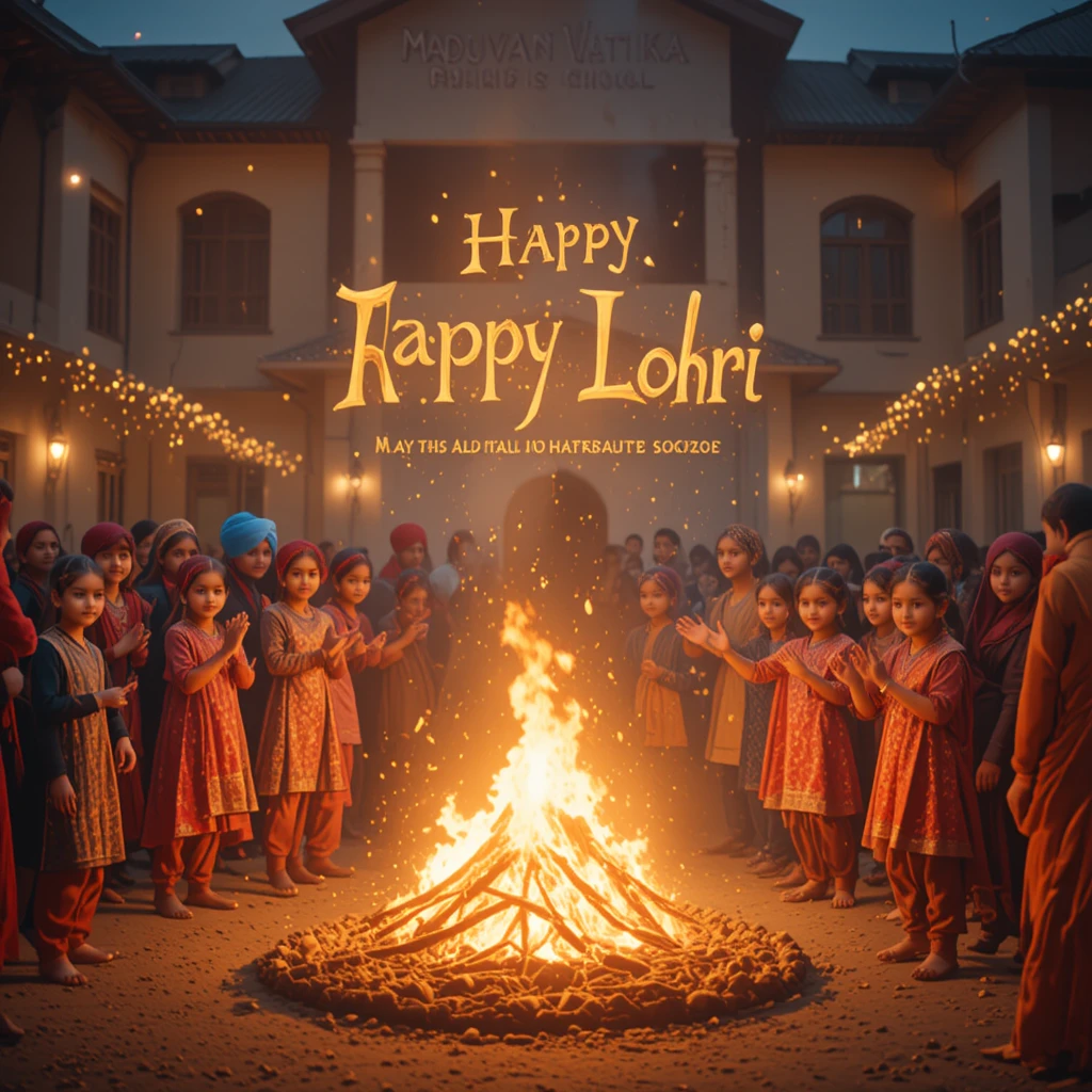 Scolari punjabi che danzano attorno a un falò di Lohri