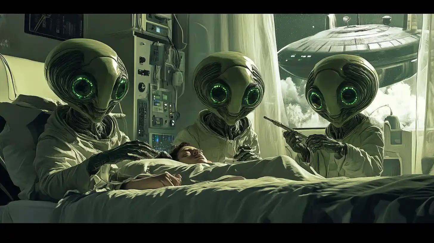 Alieni studiano un uomo addormentato in una camera da letto sci‑fi