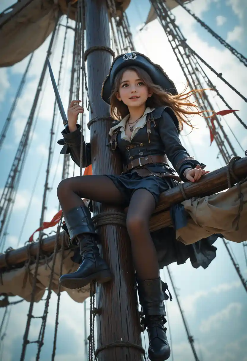 Jeune femme pirate grimpant au mât d’un navire avec un poignard