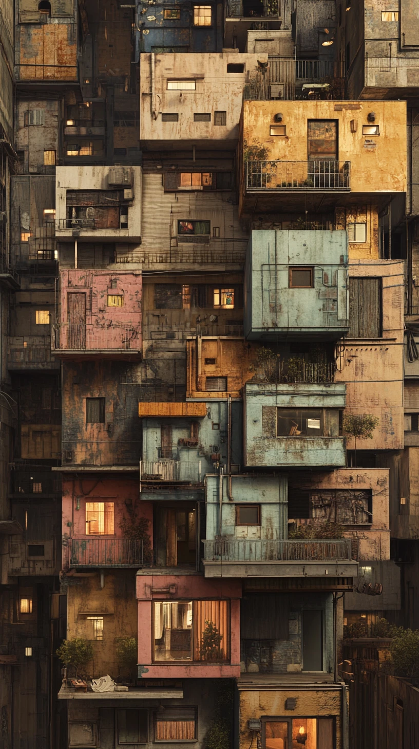Viviendas urbanas apiladas con muros texturizados y balcones
