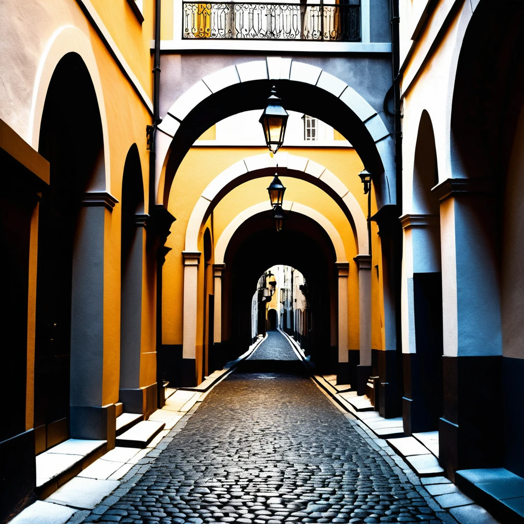 Narrow stone street with arches and distant pedestrian figure