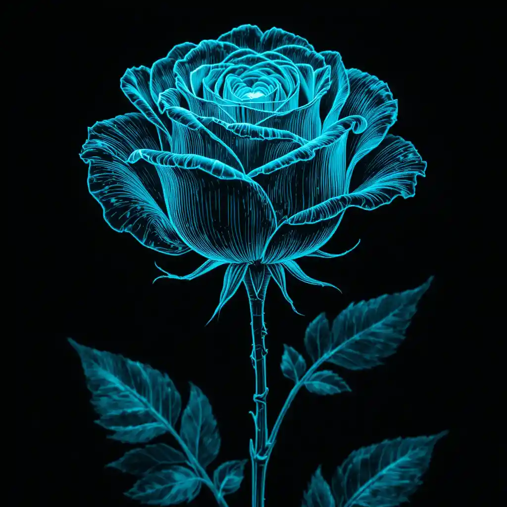 Rose gravée minimaliste aux veines bioluminescentes bleu sarcelle lumineuses