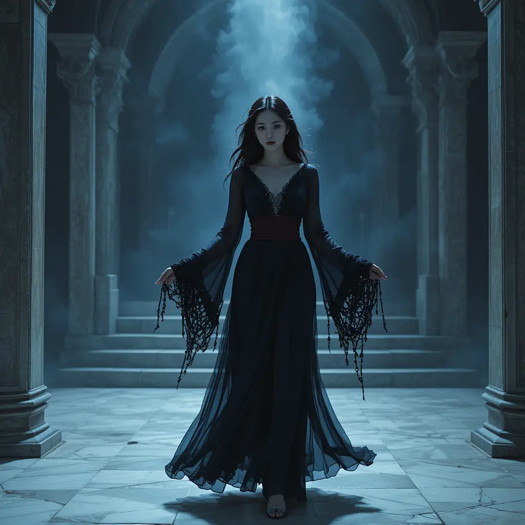 Korean occult woman in flowing black chiffon gown