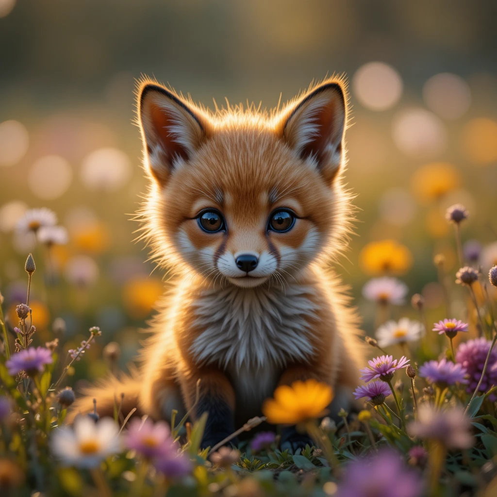 Adorável filhote de raposa sentado em um campo de flores silvestres ao pôr do sol