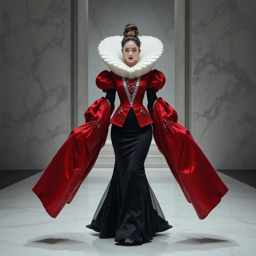Korean fashion tyrant in sculptural heart themed runway gown