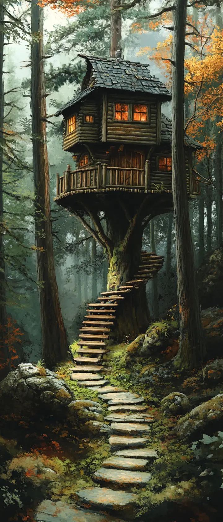 Accogliente casa sull’albero in legno immersa in una tranquilla foresta autunnale