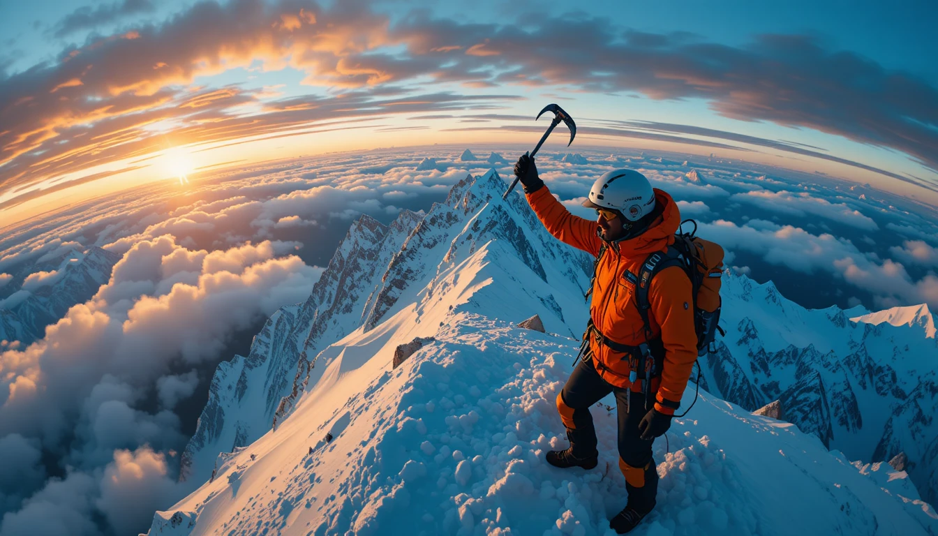 Montanhista Erguendo Picareta de Gelo no Cume do Everest ao Amanhecer