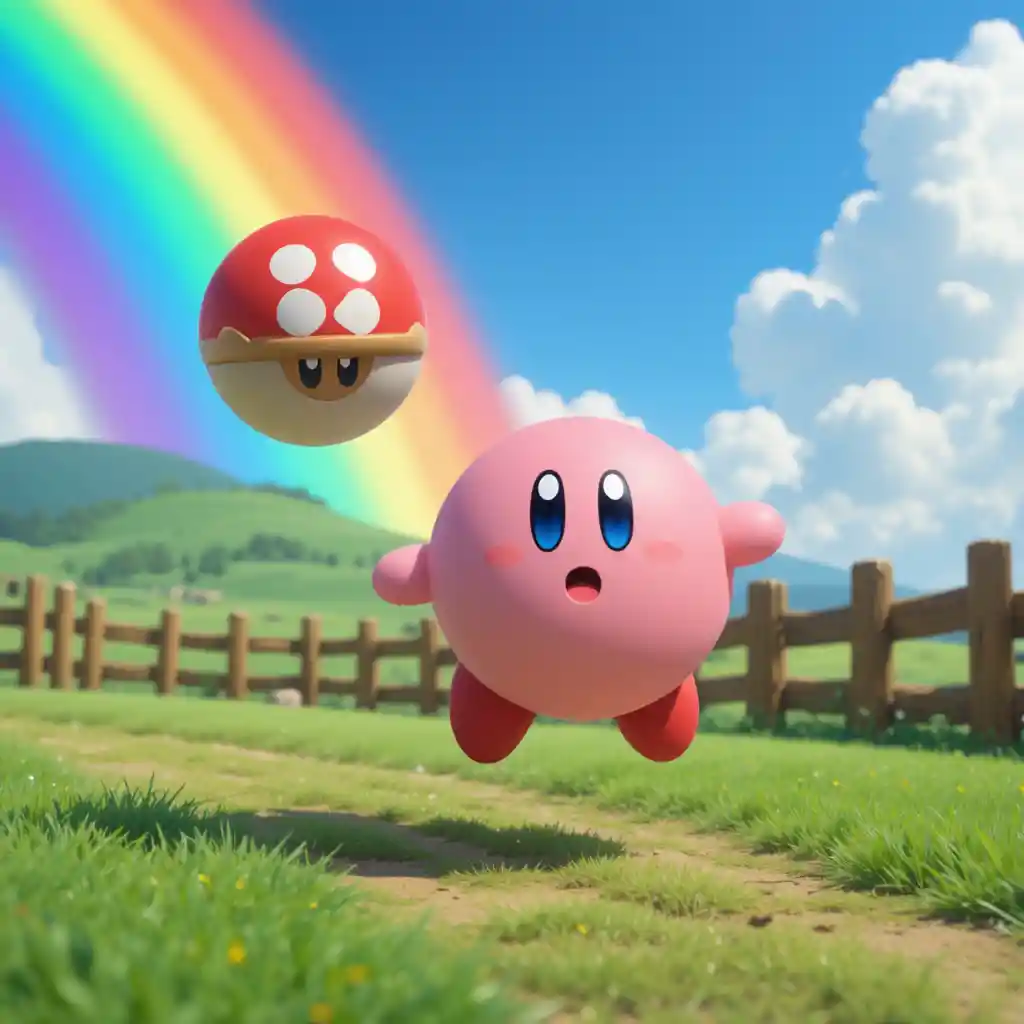 Cute round creature chasing a ball on a rainbow hill