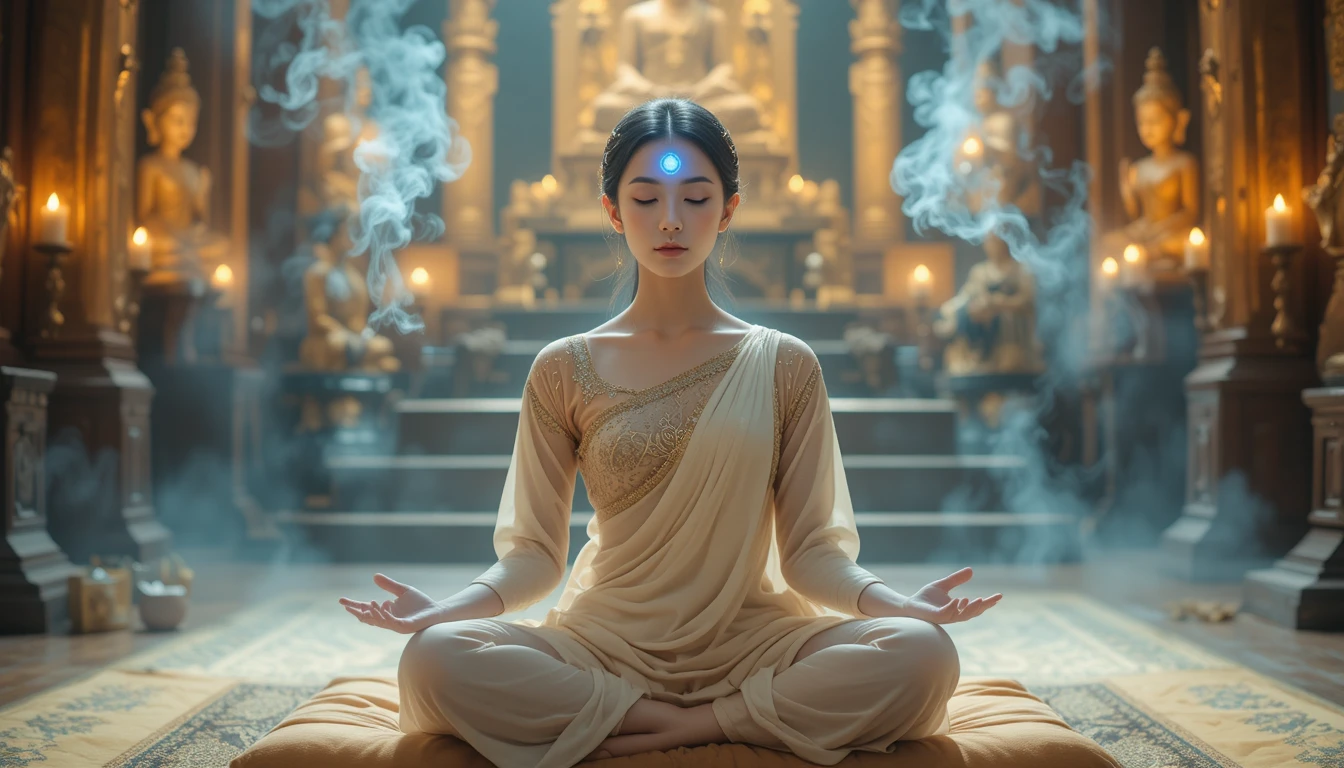 Mujer meditando con tercer ojo brillante en un templo iluminado por velas