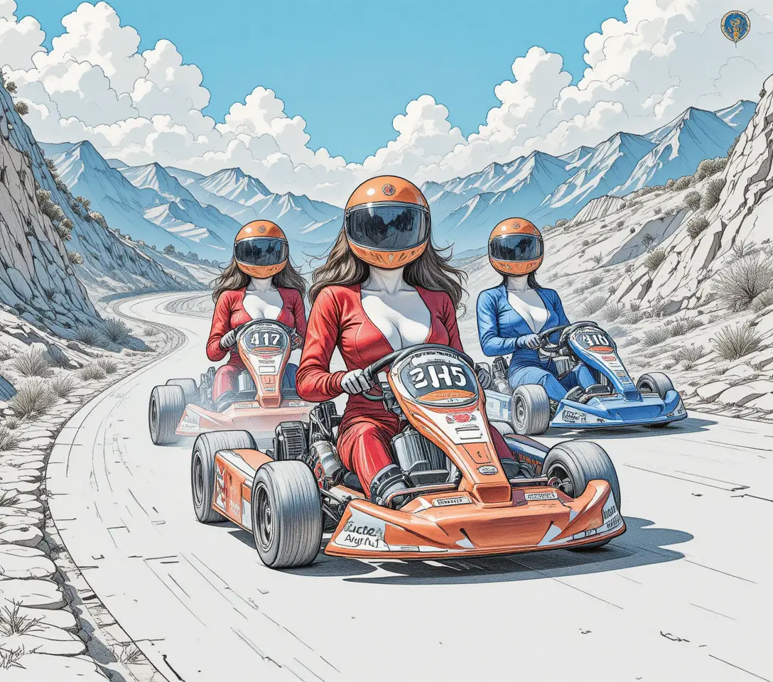 Three riders drifting go karts on a winding mountain road