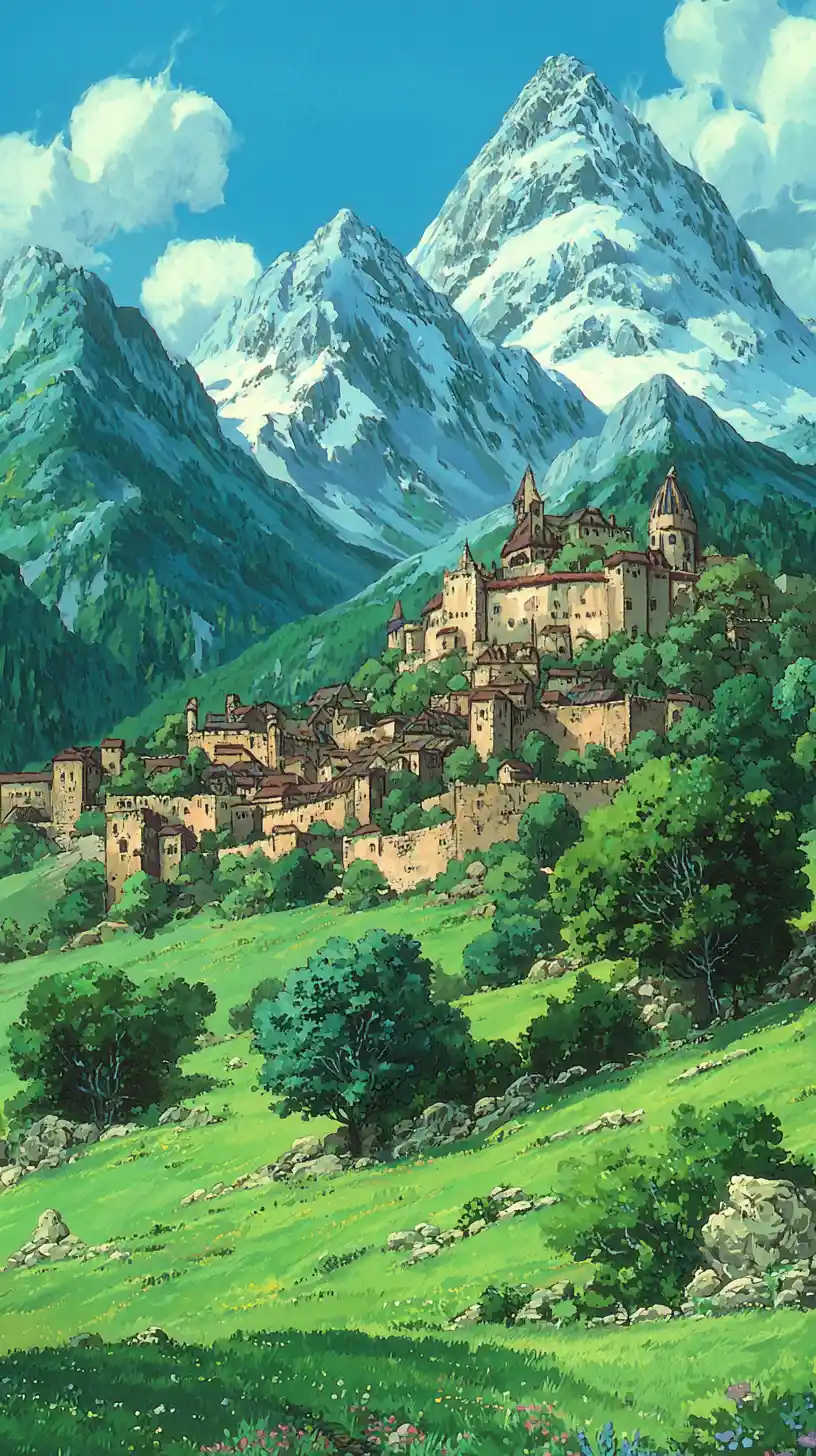 Friedliches mittelalterliches Dorf in einer warmen ummauerten Fantasiestadt