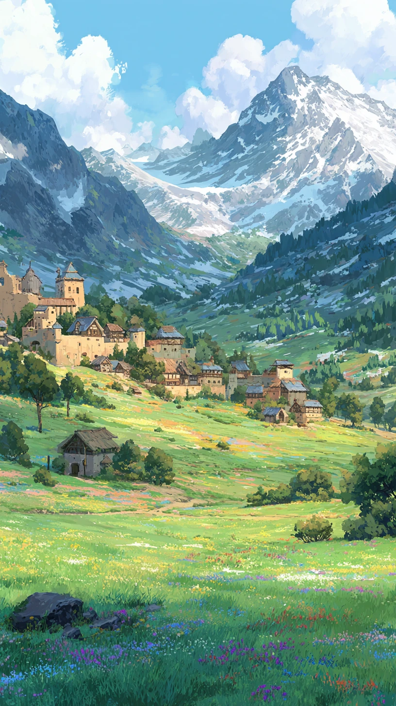 Anime-Mittelalterdorf in einer friedlichen Fantasielandschaft