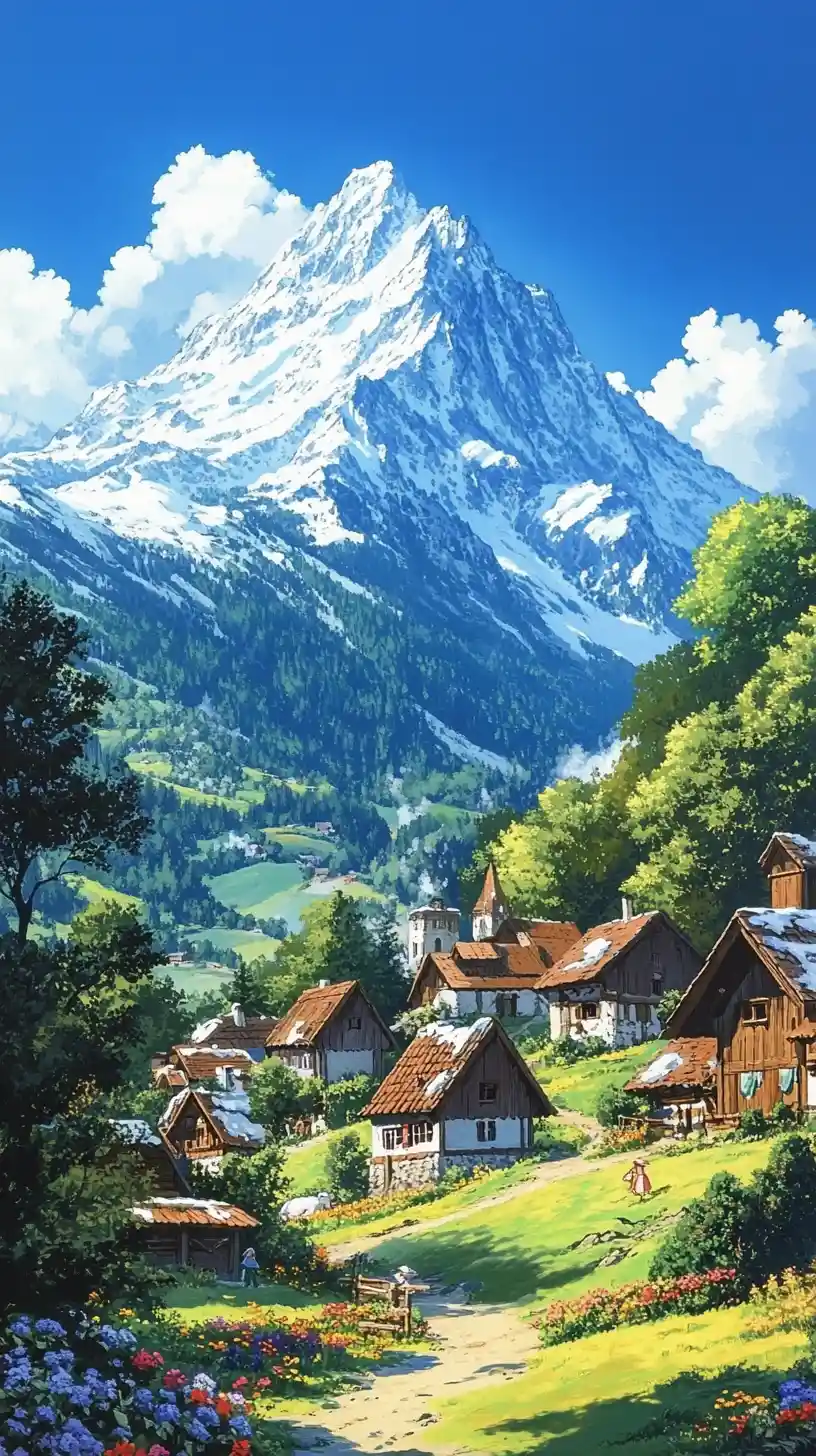 Anime medieval village in a peaceful mountain valley