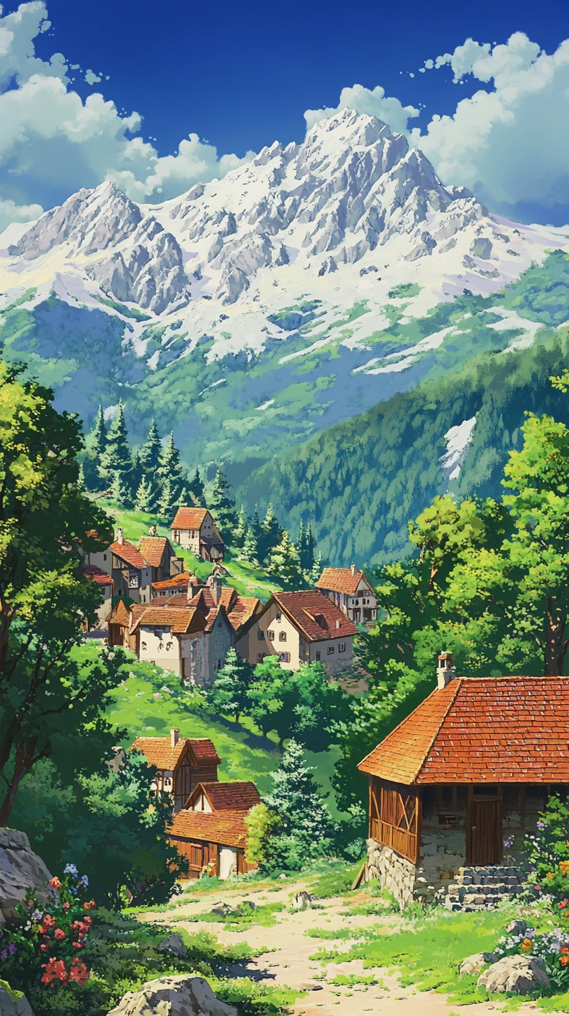Vila medieval em estilo anime em um vale fantástico e tranquilo