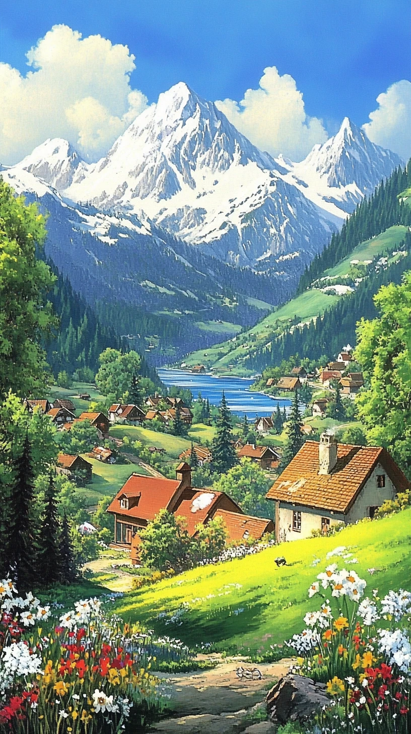 Aldea medieval de anime en un paisaje de fantasía pacífico