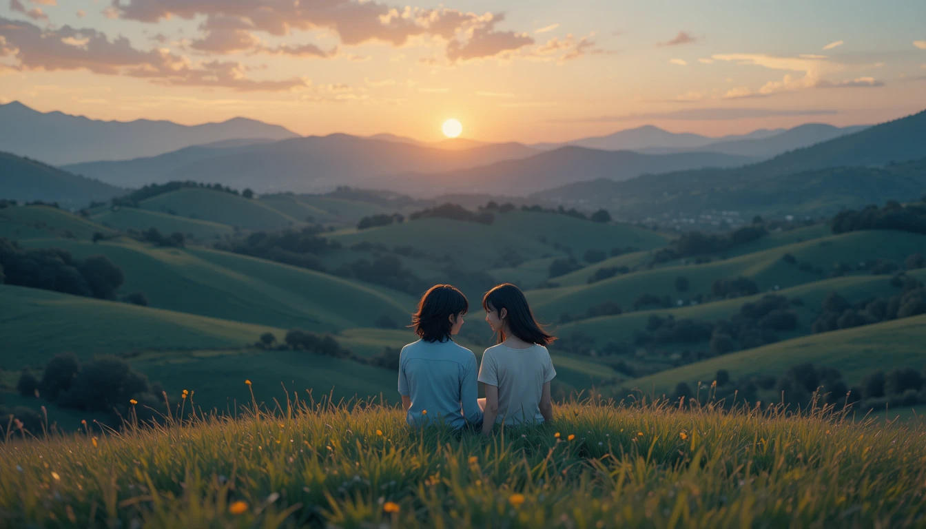 Casal de anime em uma colina gramada e tranquila ao pôr do sol