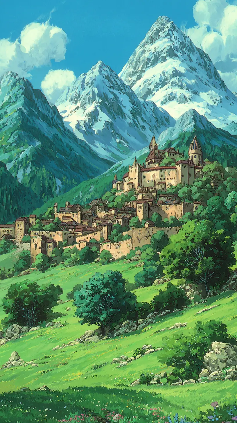 Serene Medieval Village Within Warm Walled Fantasy Town