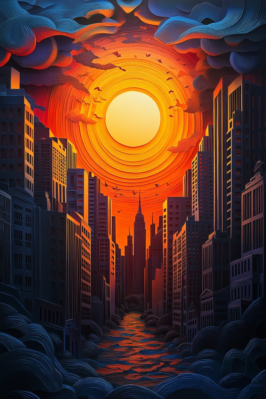 Paisaje urbano de recorte de papel con sol llameante y rayos de luz volumétricos
