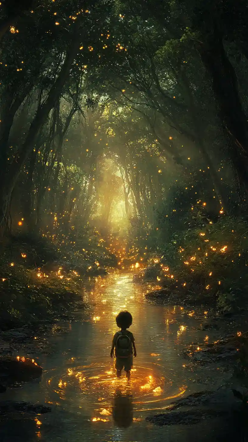 Criança em riacho luminoso da floresta caminhando em direção a uma luz distante