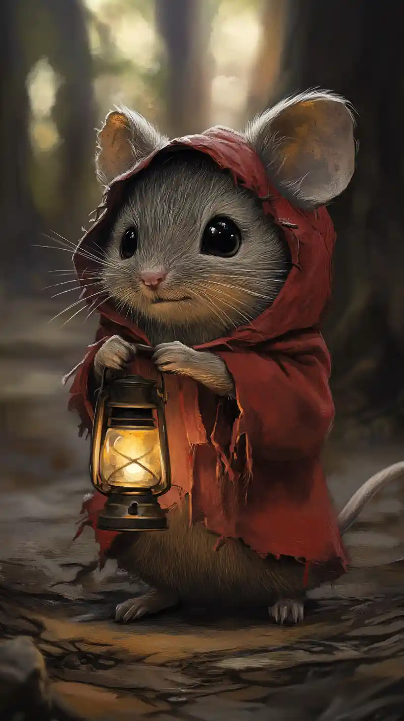 Kleine Maus mit roter Kapuze und Laterne im dunklen Wald