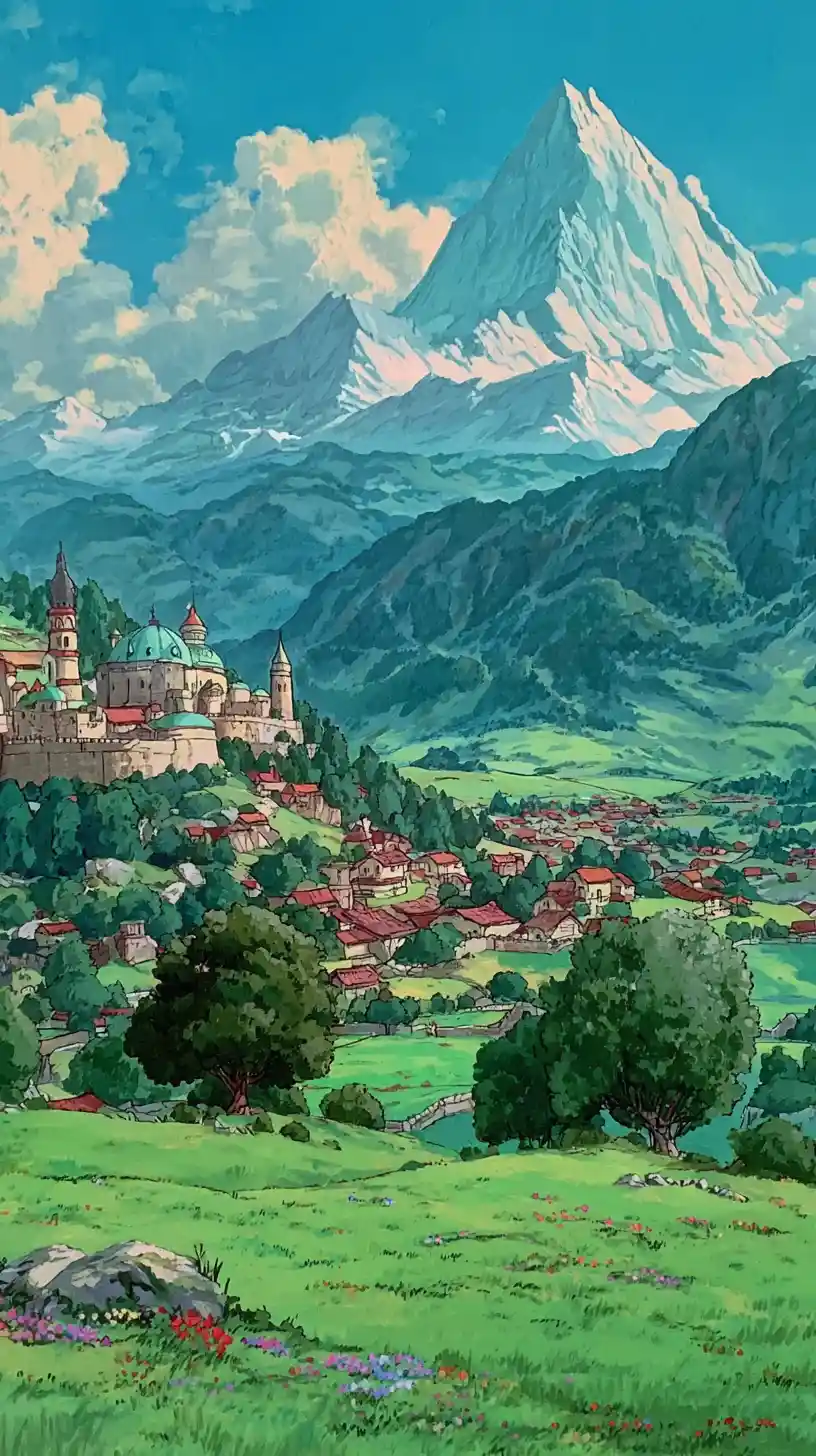 Vilarejo de fantasia medieval entre muralhas acolhedoras e prados verdes