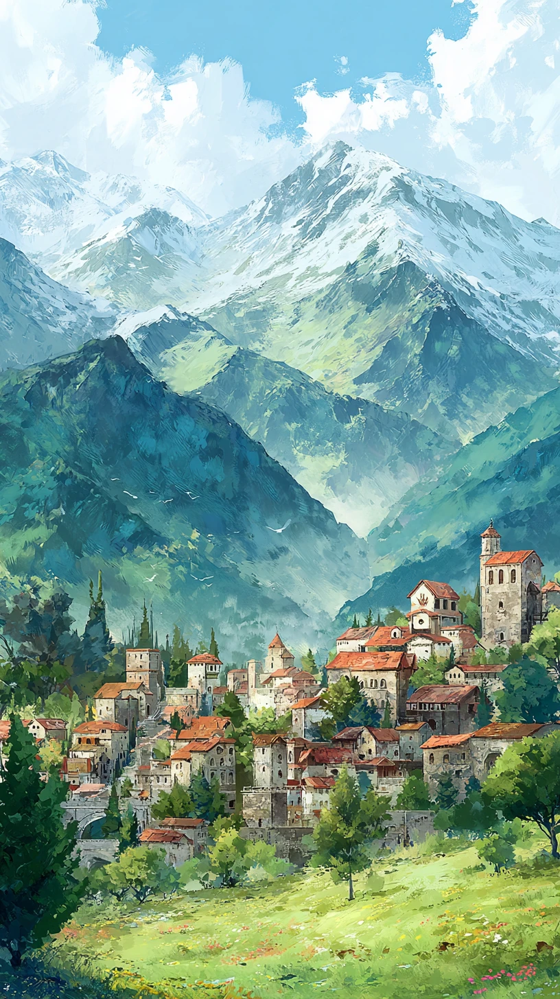 Anime-Mittelalterdorf in einer friedlichen Fantasielandschaft