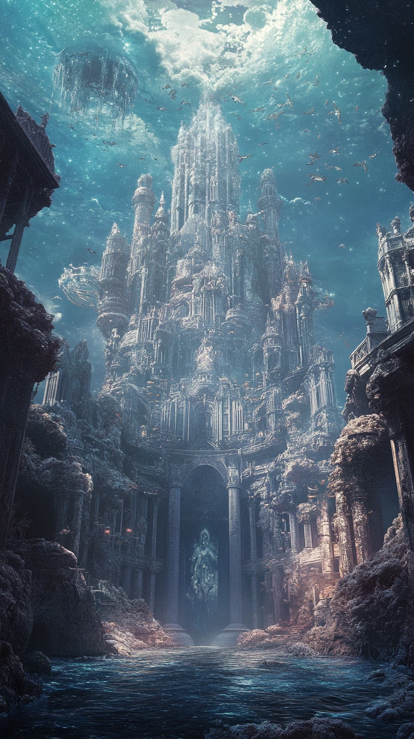 Ethereal anime leviathan rising in a ruined fantasy city