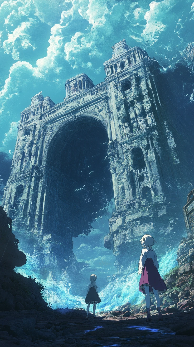 廃墟のファンタジー都市に現れる壮大なアニメ風の海の怪物
