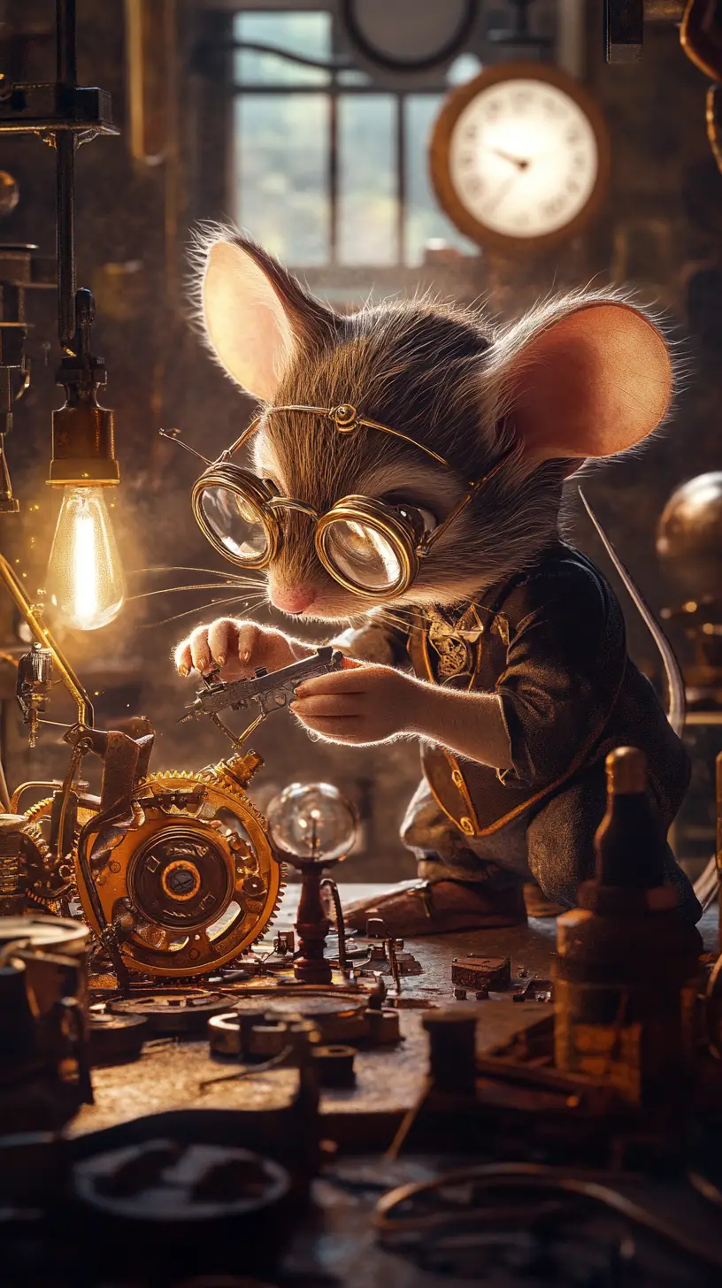 Souris steampunk réparant un mécanisme d’horlogerie dans un atelier victorien