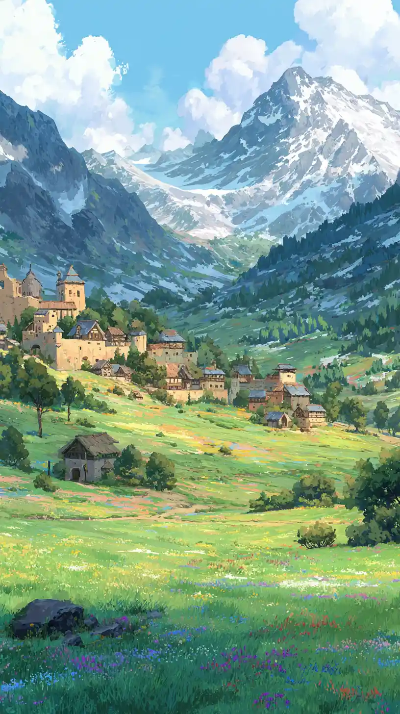 Anime-Mittelalterdorf in einer friedlichen Fantasielandschaft